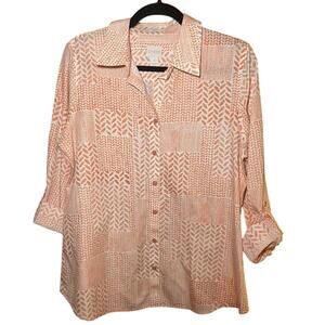 Chico's - White & Coral Pink Pattern - Cotton Button Up Blouse